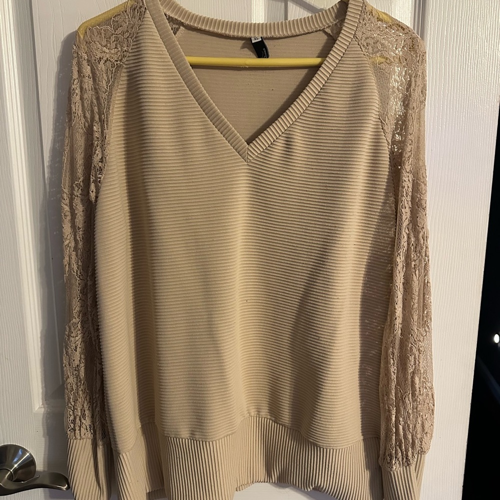 Beige V-Neck Blouse with Lace Sleeves